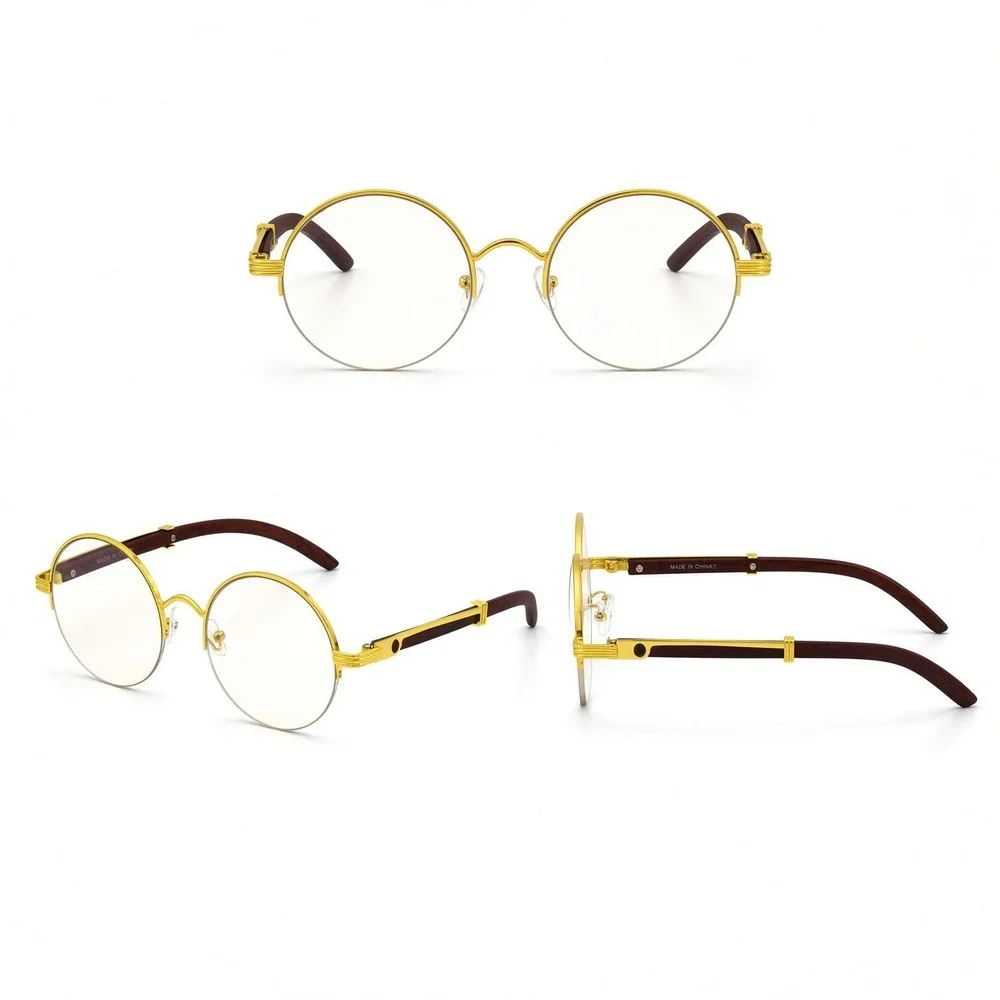 Women Eyeglasses Gold Frame Wood Arm Clear Lens Fashion Hip Hop Street Wear 2026